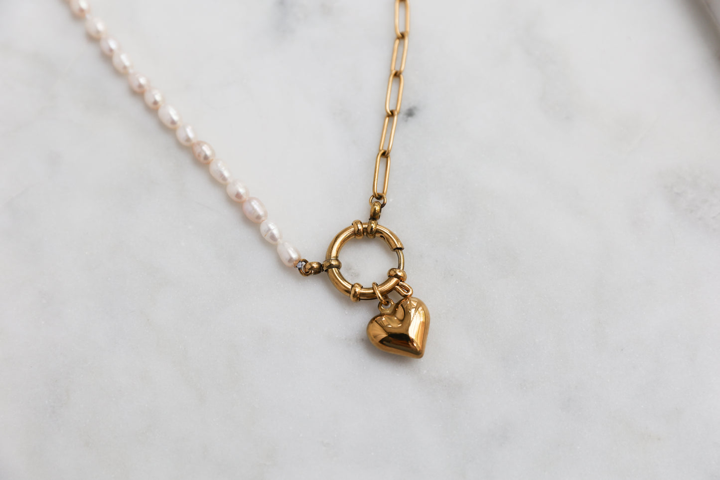 Pearl and Paperclip Heart Necklace